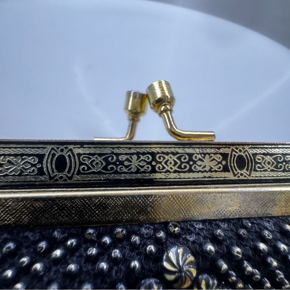 vintage 70s black studded purse beaded evening bag handbag w kiss clasp closure - Picture 5 of 10